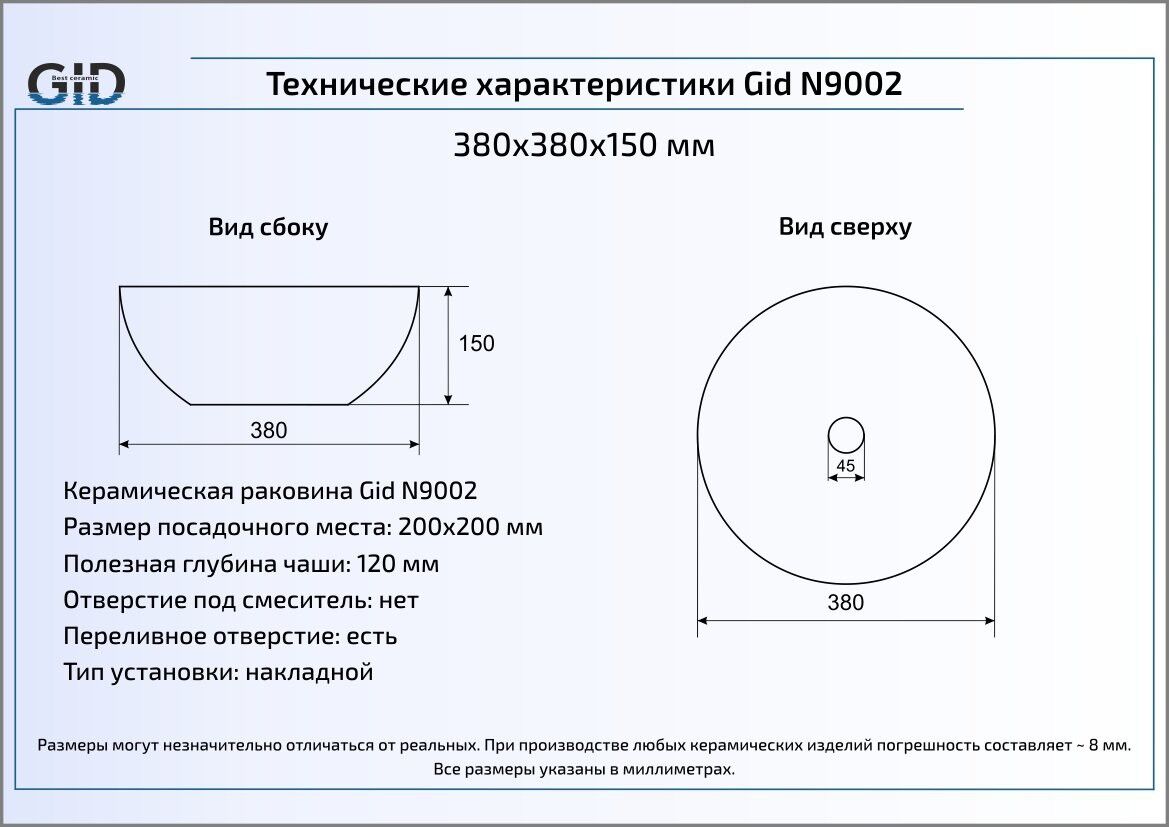 Раковина GID N9002 накладная белая